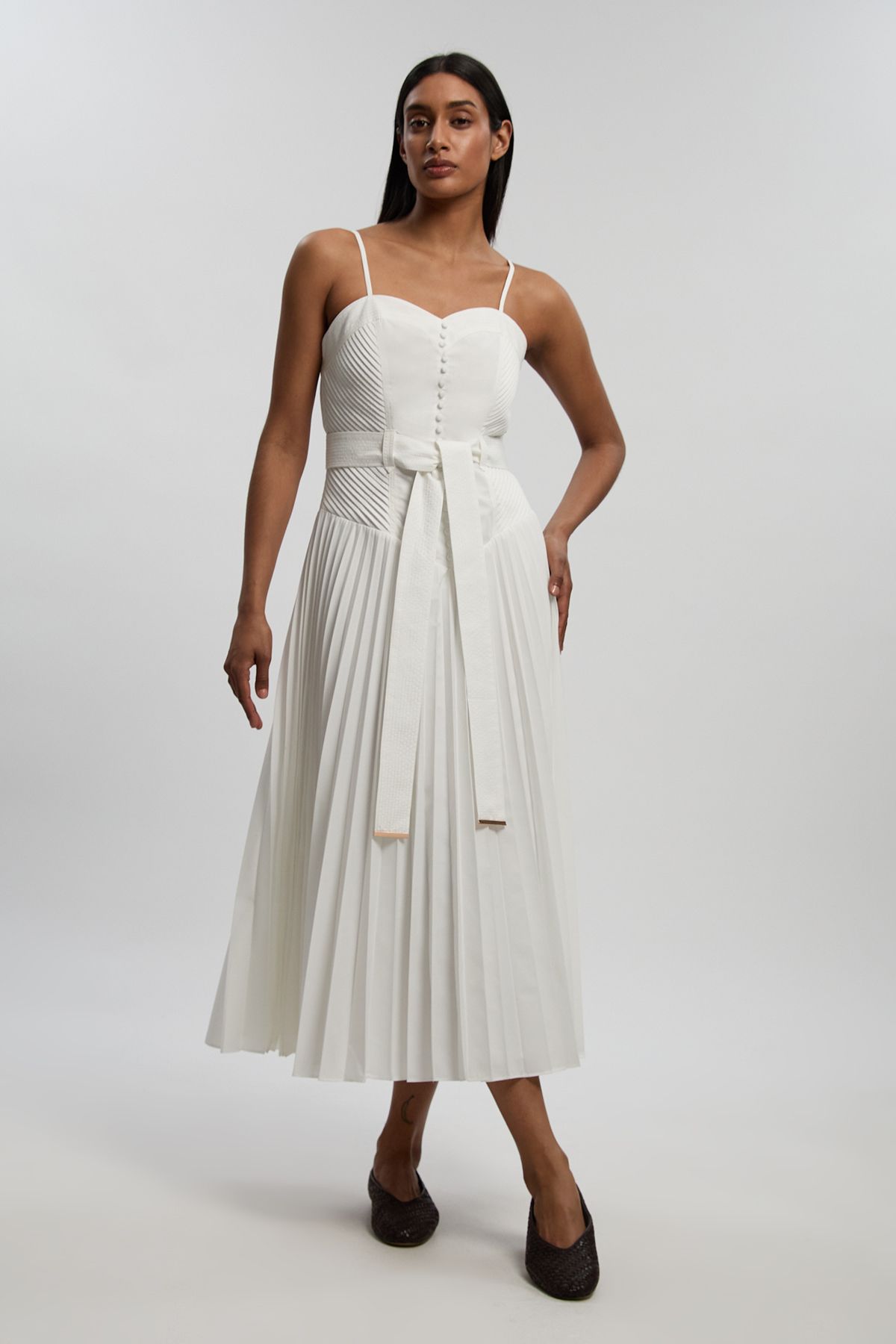 KarenMillen Cotton Top Stitch Dropped Waist Woven Strappy Midi Dress