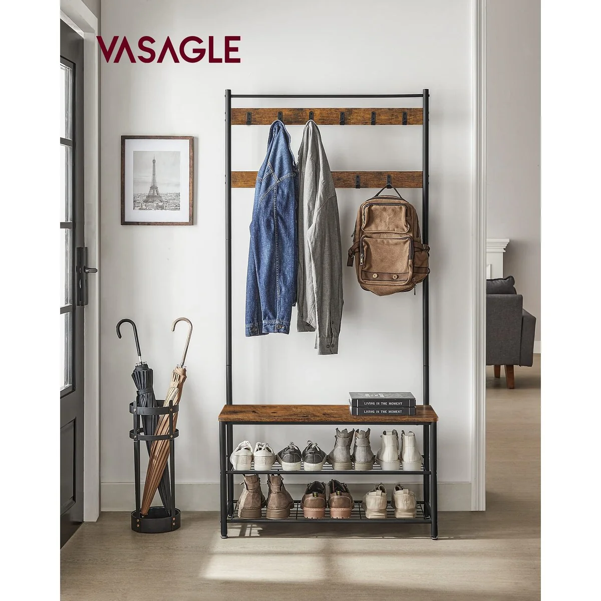 Coat Rack, Hall Tree with Shoe Storage Bench, Entryway Bench with Shoe Storage, 3-in-1, Steel Frame,12.6 x 33.5 x 68.9 Inches