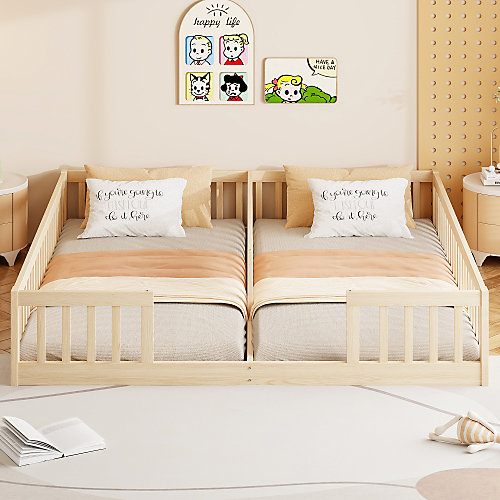 Lit enfant 90x200cm - barrières de sécurité - sommier à lattes - pin naturel (matelas non inclus)