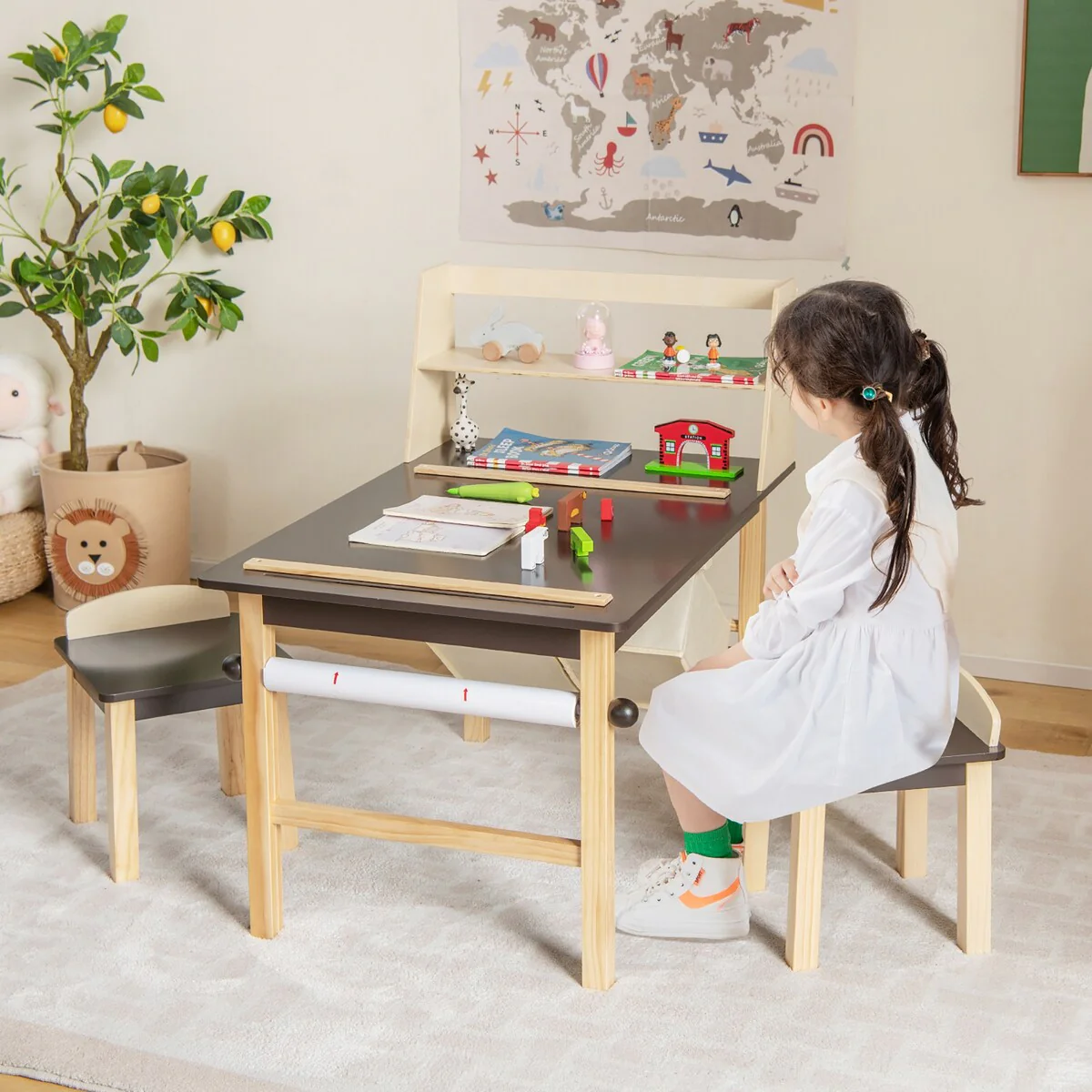 Costway Kids Art Table & Chairs Set Wooden Drawing Desk with Paper - See Details