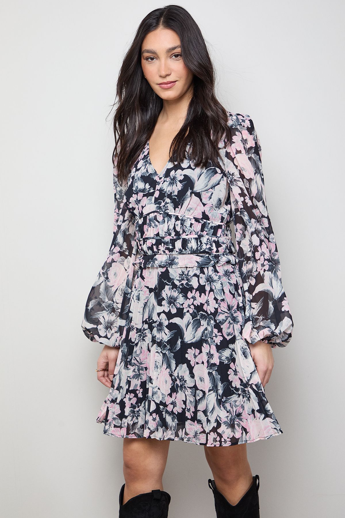 Oasis Printed Pleated Skirt Long Sleeve Mini Dress