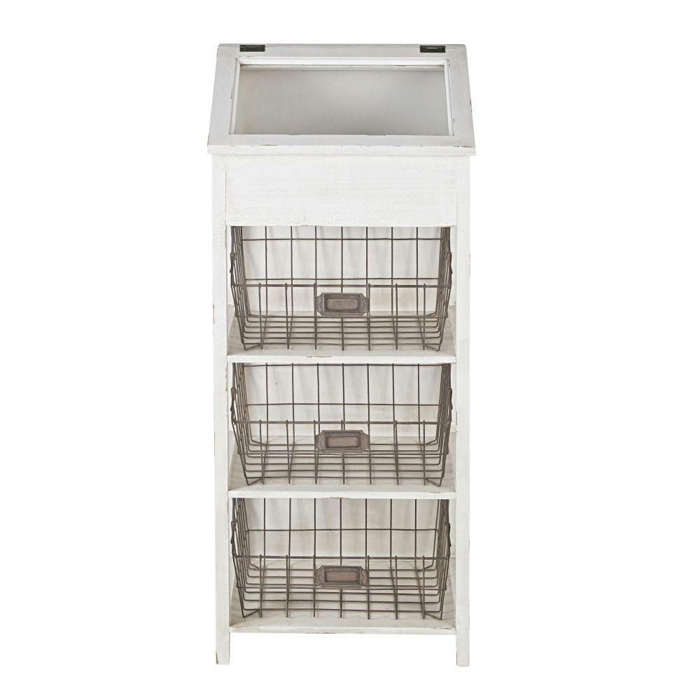 MANOU - Petit meuble de rangement en bois de sapin blanc et paniers en métal