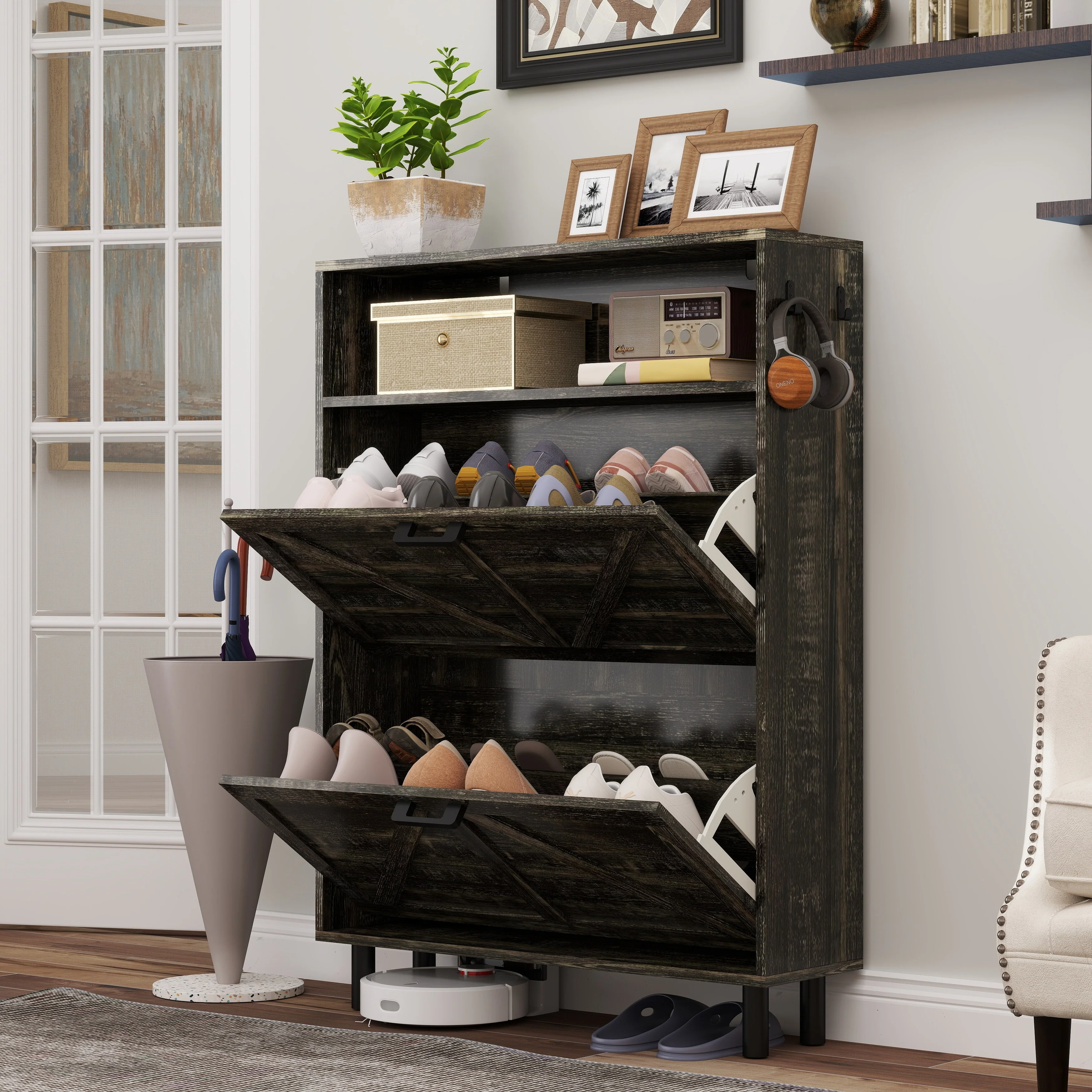 Farmhouse Shoe Storage Cabinet with Barn Door Design