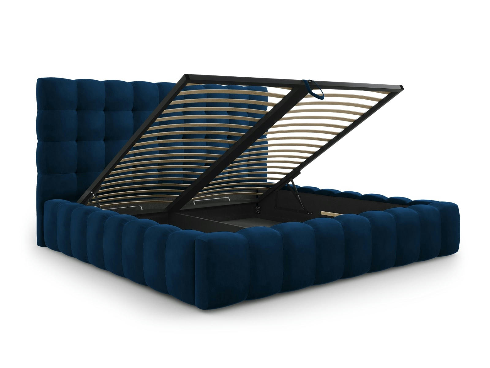 MAMAIA - Lit coffre en avec tête de lit 200x200cm en tissu velours bleu roi