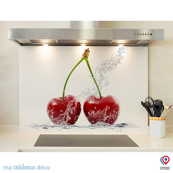 Crédence cuisine fond de hotte Splash cerises - Verre trempé - L 90 cm x H 70 cm - MaCrédenceDéco