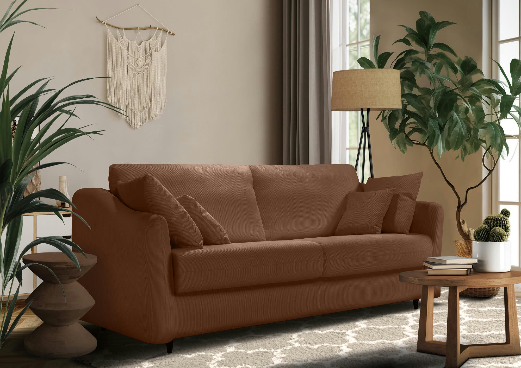 CAPELLA - Canapé droit convertible 3 places  en velours côtelé terracotta