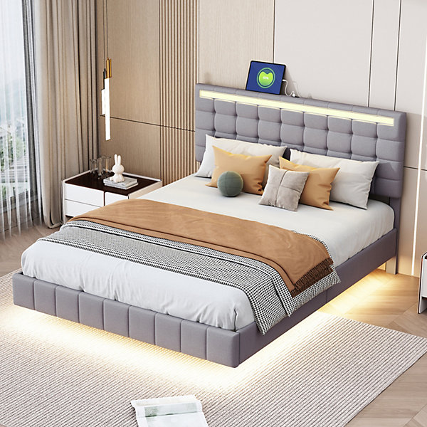 Lit double 140 x 200cm avec sommier à lattes, Lit 140 x 200cm avec éclairage LED et USB, cadre de lit en lin, Gris
