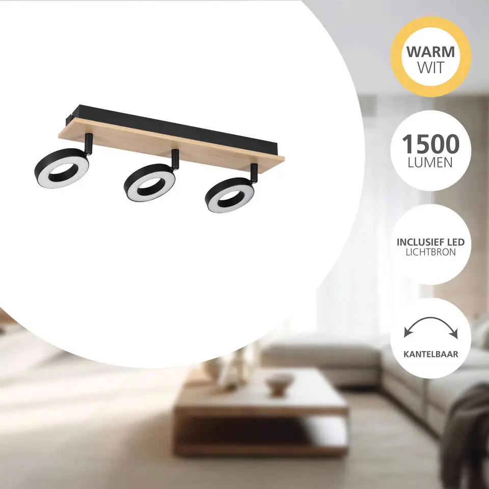 EGLO Rielves Spot - 3-lichts - LED - Hout - Zwart. Bruin