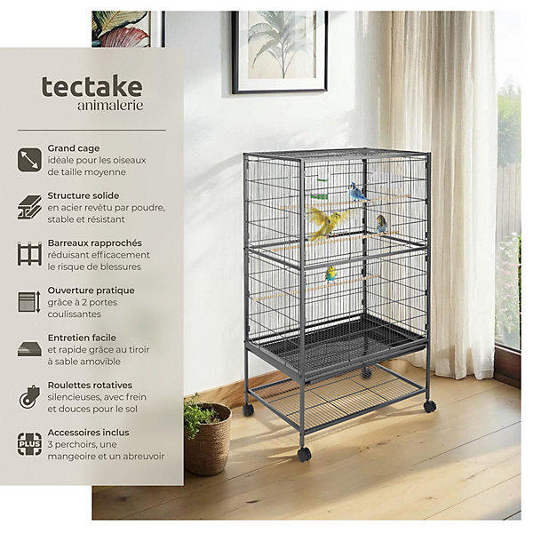 Cage à oiseaux en acier avec tiroir et 3 perchoirs gris anthracite