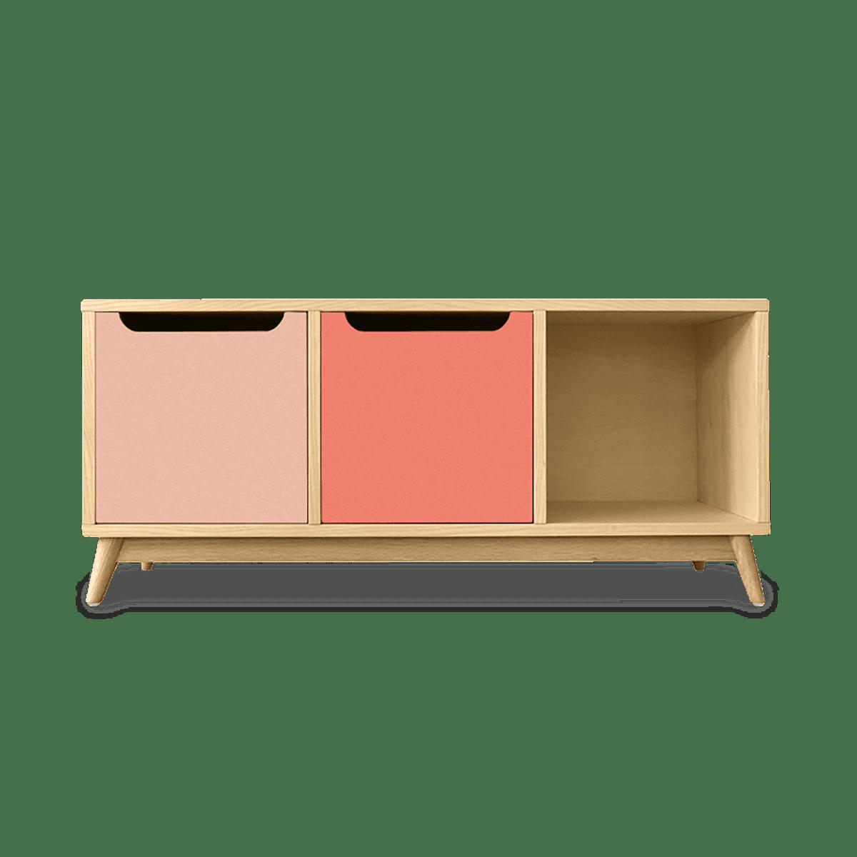KILT - Meuble bas, 2 portes, 1 niche de rangement, chêne et bicolore rose.