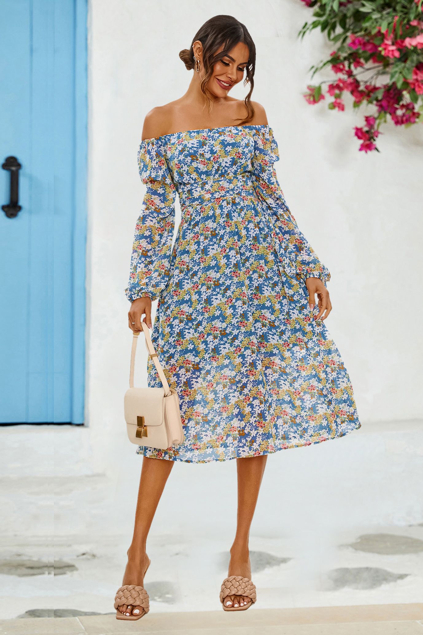 FS Collection Floral Print Long Sleeve Maxi Dress In Blue