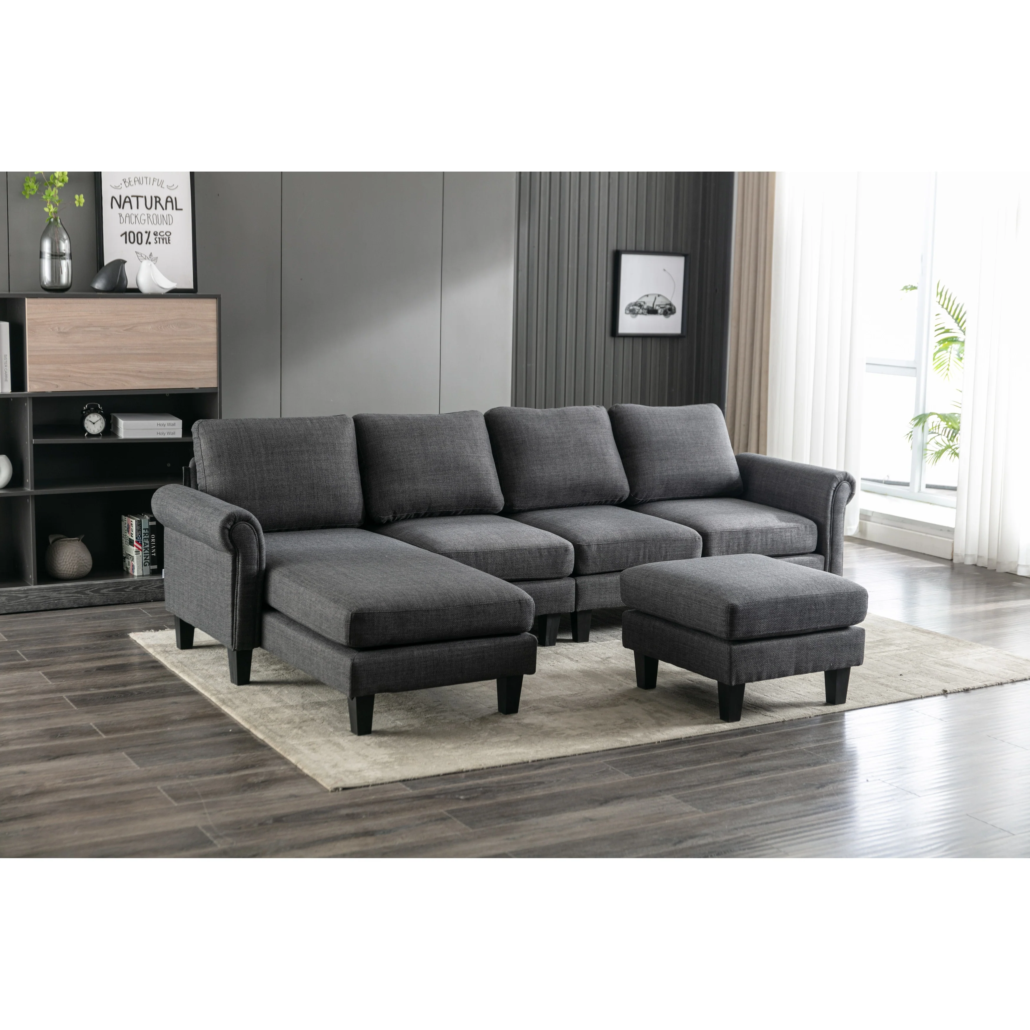 U-shape Sectional Sofa Polyester Fabric 4 Seater Sofa Lounge Chaise Living Room Couch with Ottoman Included