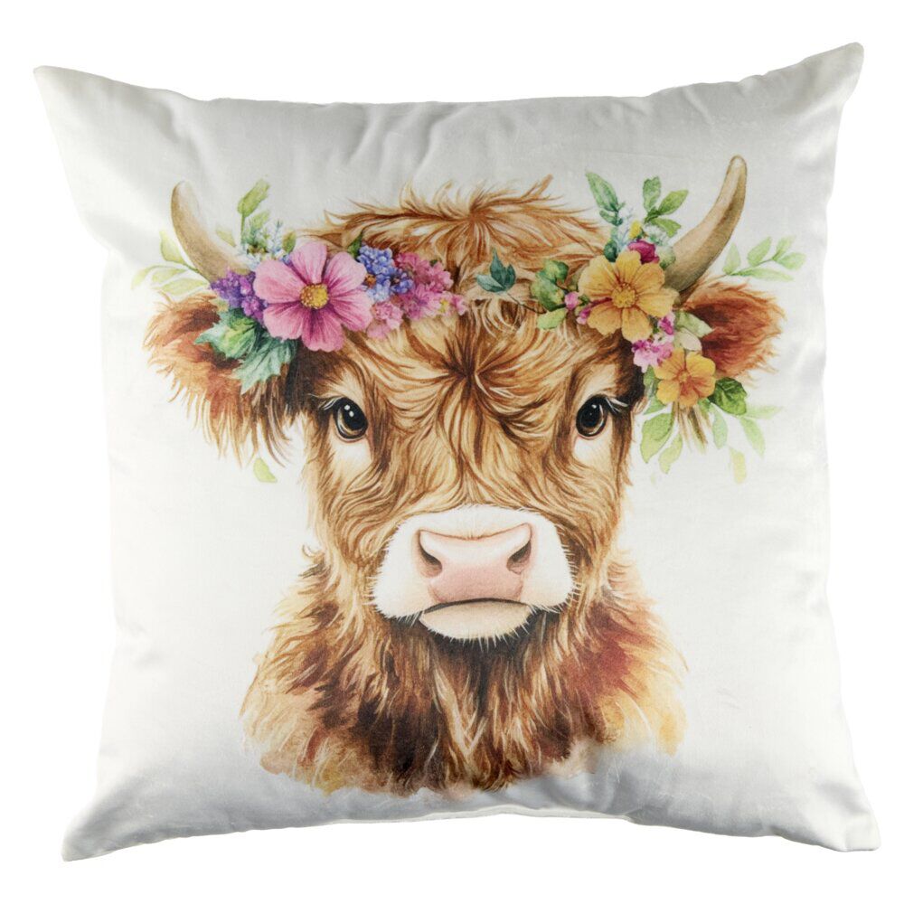 Coussin carré vache Highland avec fleurs velours imprimé 45x45cm