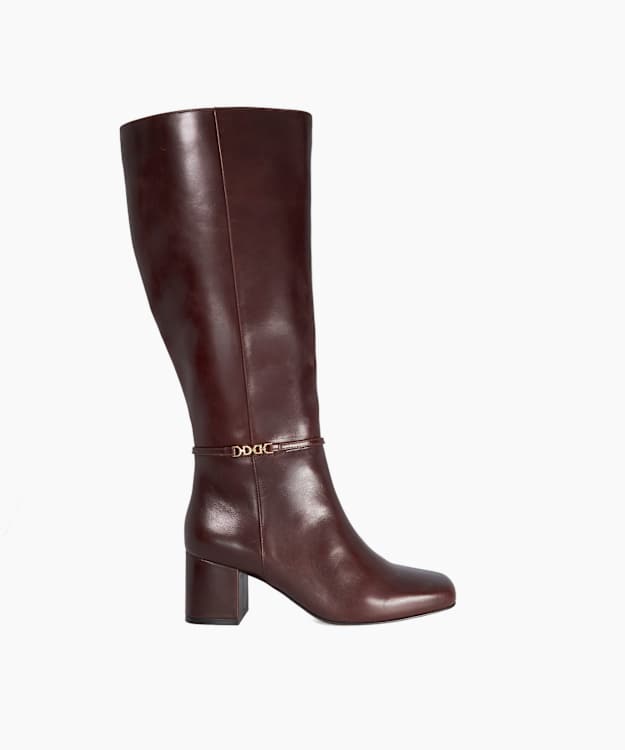Sanna Dark Brown - Snaffle Trim Knee Wide Fit Block Heeled Boots