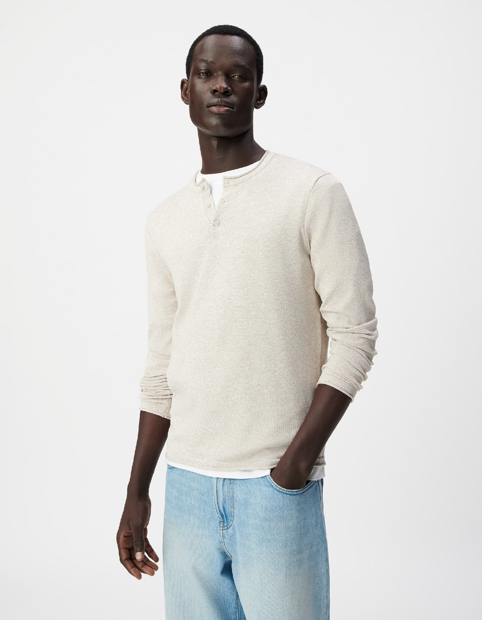 Pull tunisien beige tricot chiné Homme