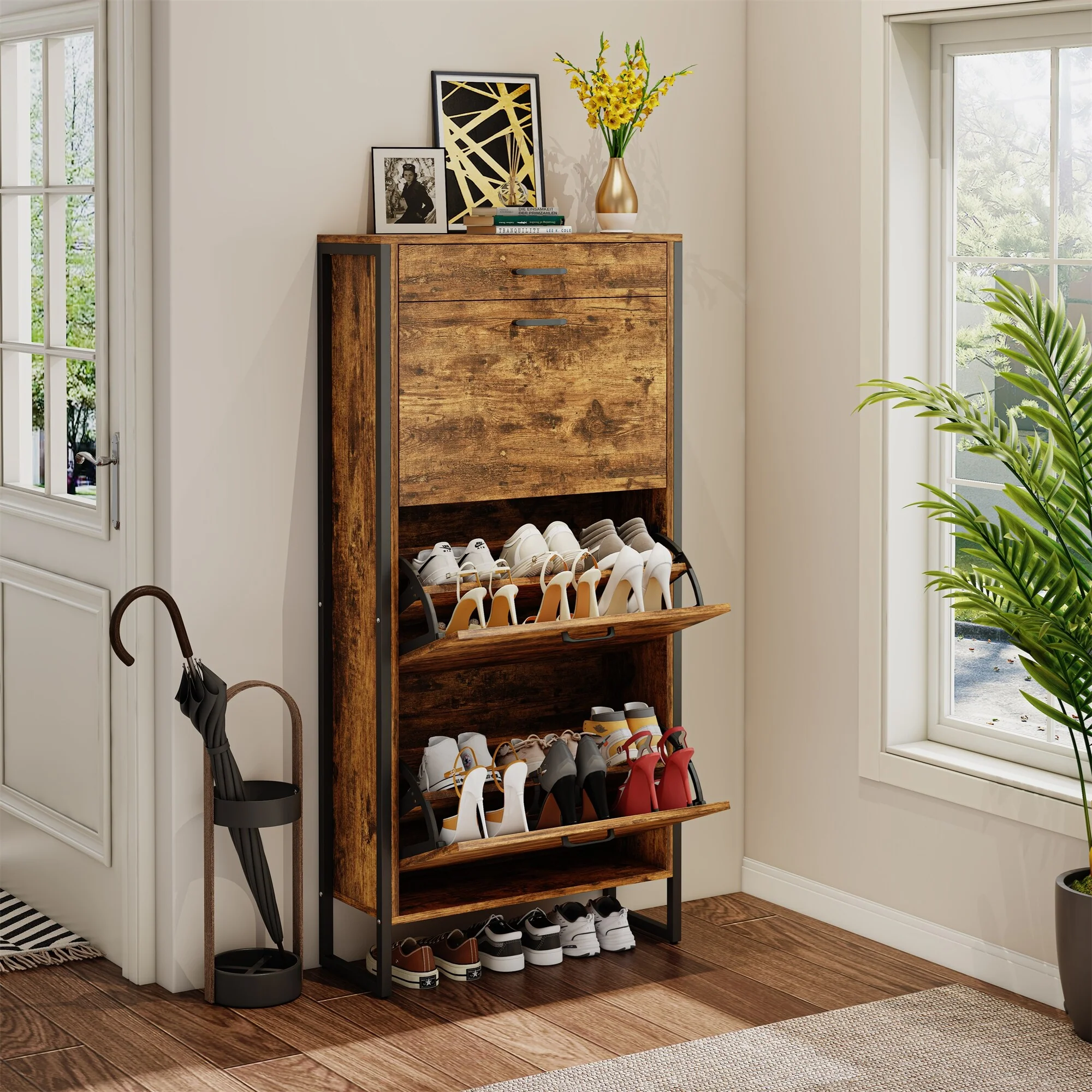 Hidden Shoe Storage Cabinet with 3 Flip Drawers,1 Drawer for Entryway