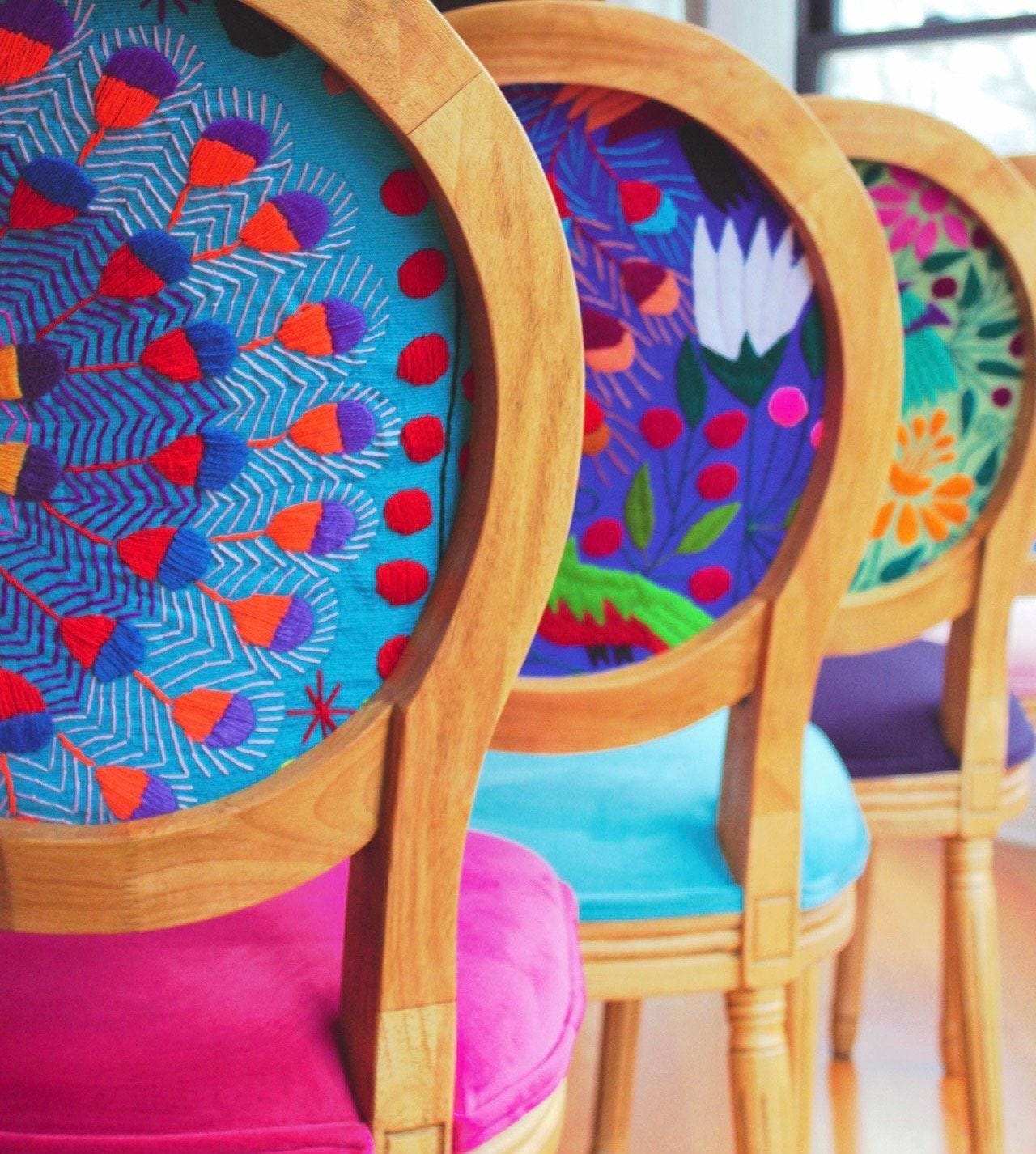 Set of 6 Colorful Mexican Textile Dining Chairs, Handcrafted Boho Kitchen Decor