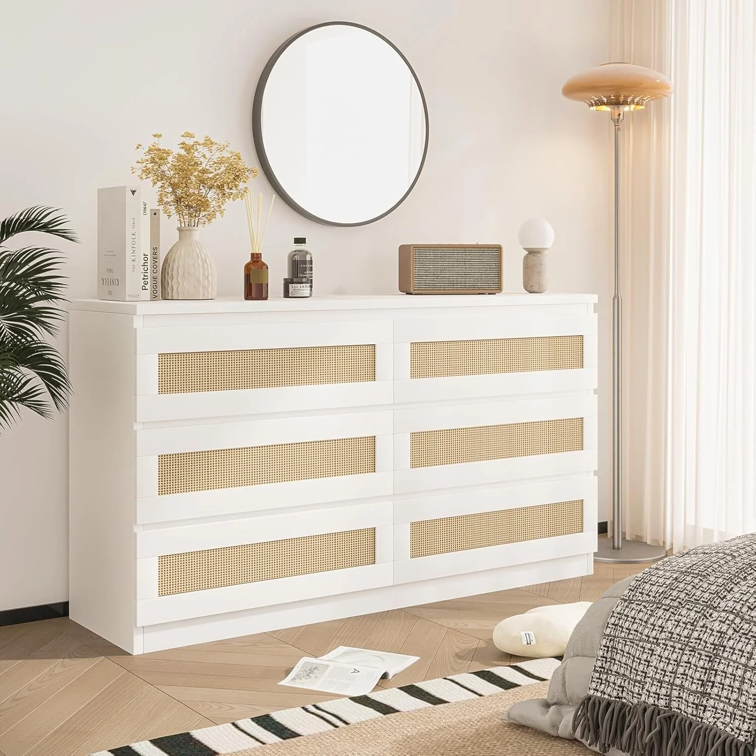 Rattan Dresser for Bedroom, 6 Drawer Double Dresser, Modern Wood Chest of Drawers