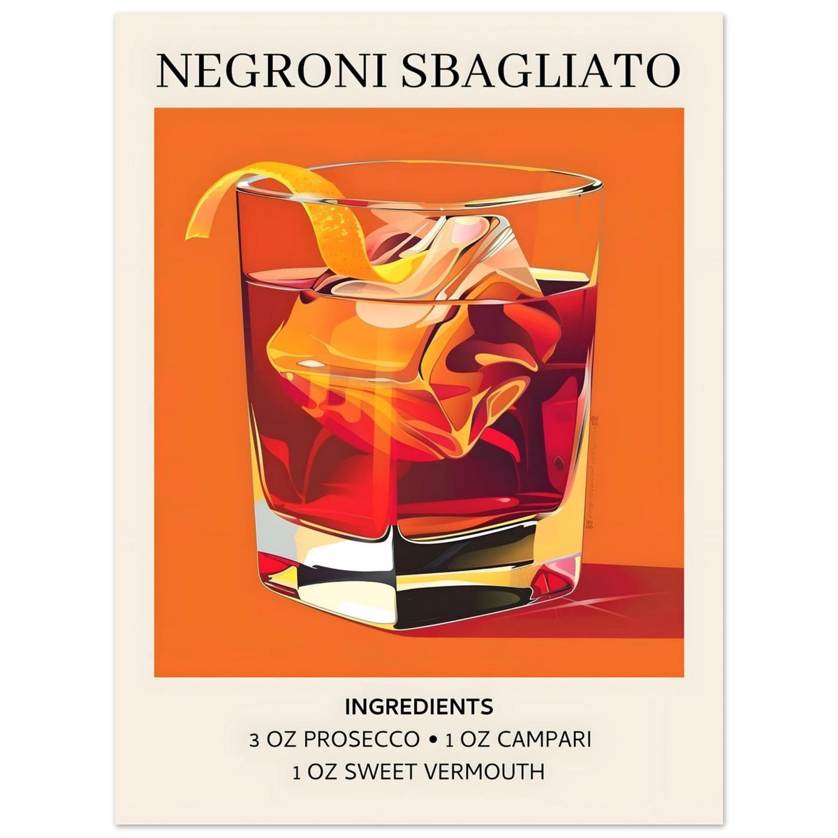 Artfulprints Poster Negroni Sbagliato cocktail - Ingrediënten  - 30x40 cm - Oranje