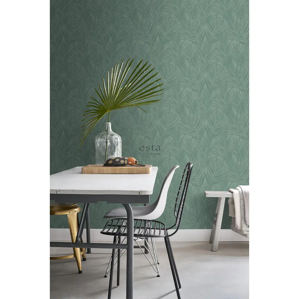 ESTAhome behang palmbladeren vergrijsd zeegroen - 53 cm x 10.05 m