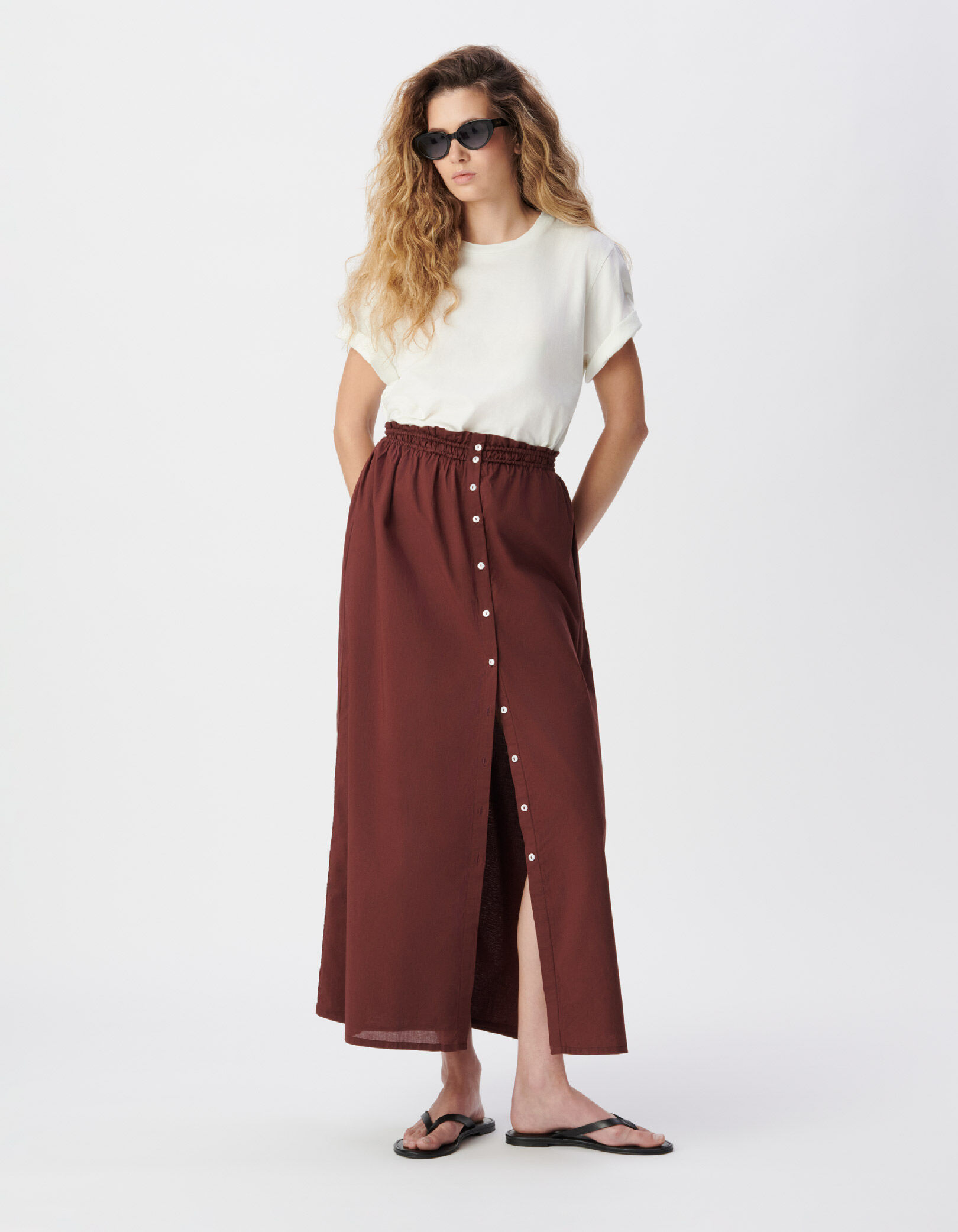 Jupe longue marron boutonnée Femme