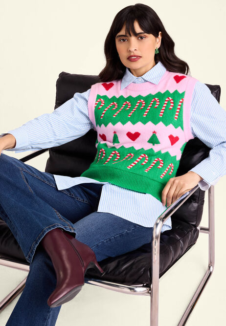 Womens Green Fairisle Candy Cane Christmas Jumper Vest