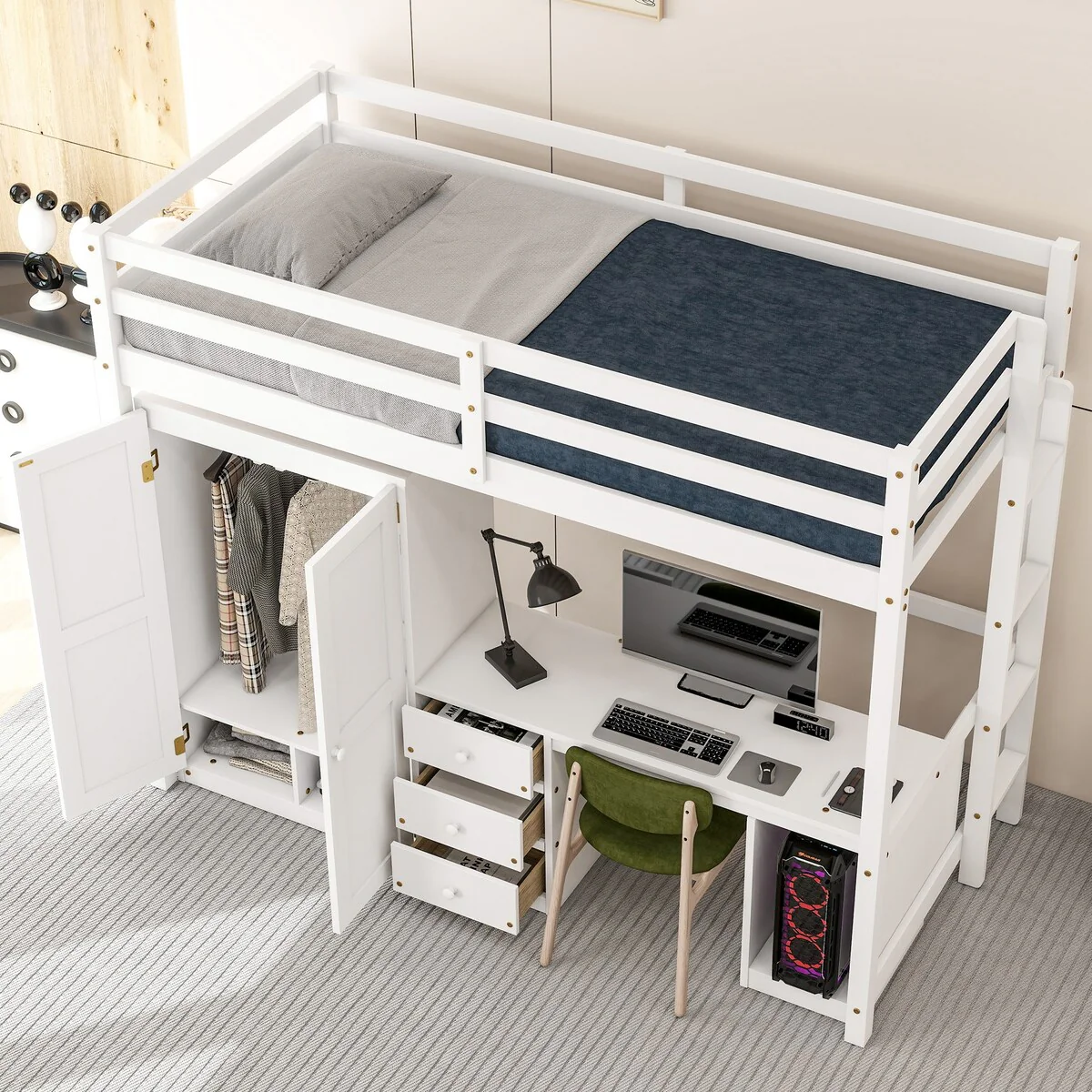 Merax Loft Bed with Wardrobe, Desk and Storage Drawers