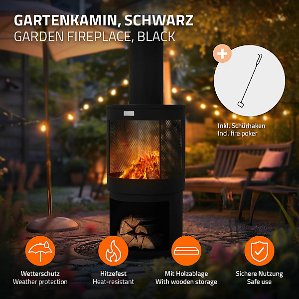 Cheminée de jardin ML-Design 131x45 cm ronde noire en acier avec tisonnier et toit amovible