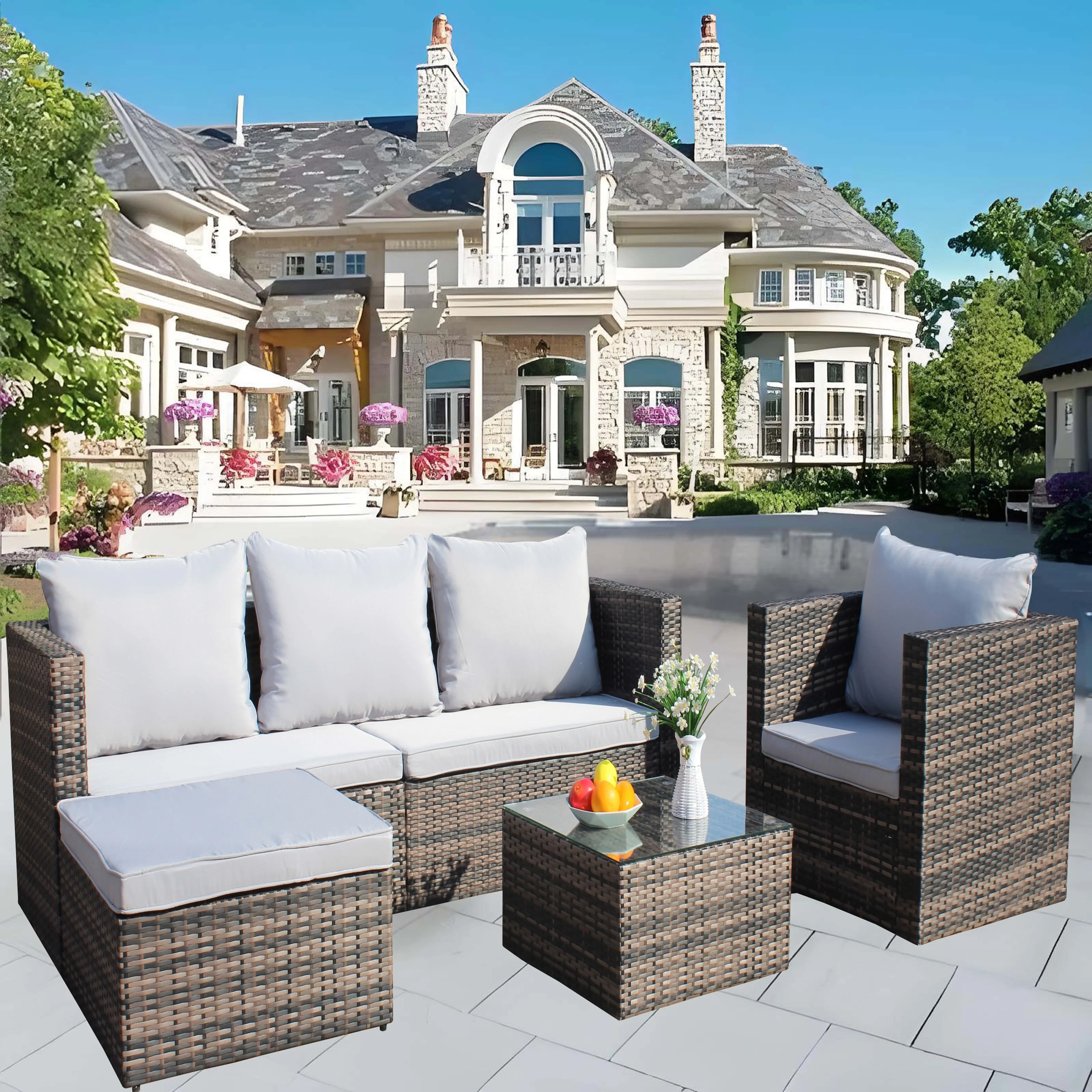 Outdoor Garden Patio Furniture 4-Piece PE Rattan Wicker Cushioned Sofa Sets and Coffee Table, patio furniture set;outdoo