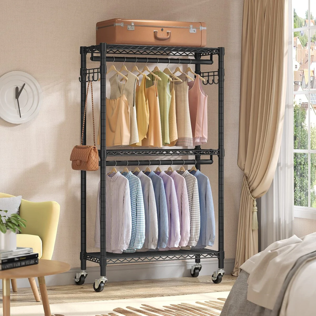 V12 Mini Rolling Clothes Rack Heavy Duty Clothing Rack for Hanging Clothes Adjustable Metal Wire Shelving Portable Closet