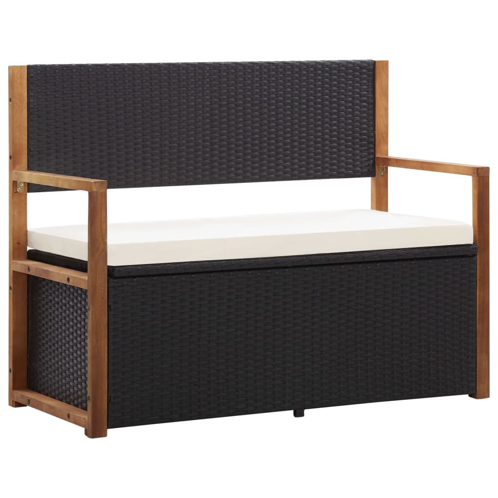 Ławka ze schowkiem, 115 cm, rattan PE i drewno akacjowe, czarna