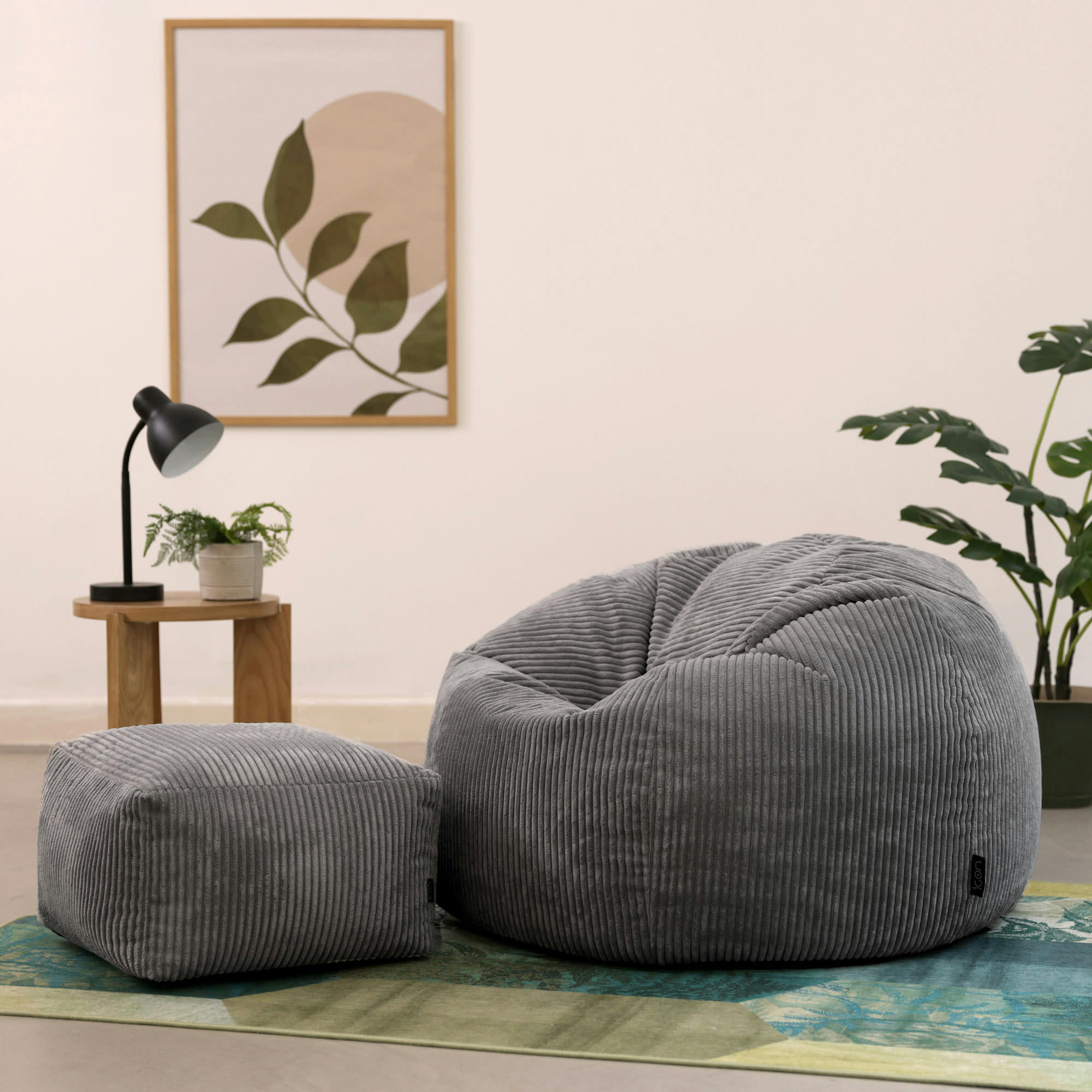 KINGSTON - Pouf avec repose-pied velours côtelé gris anthracite