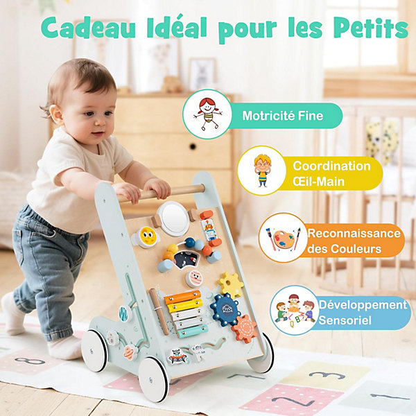 8 en 1 Trotteur Bébé Garçon Fille, Chariot de Marche Bebe Montessori avec Roues, Espace de Rangement, Bleu