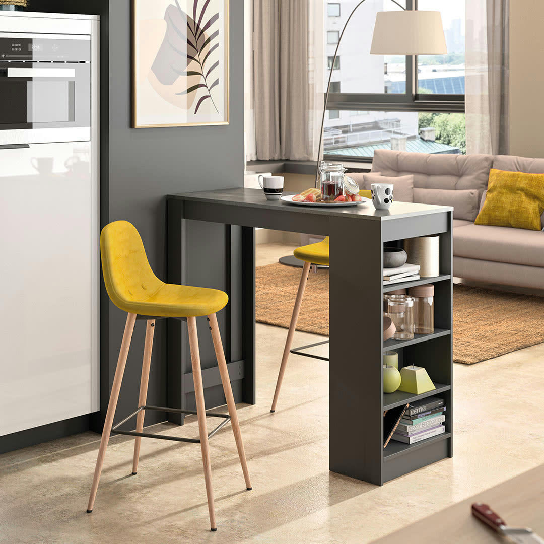 COCOON - Table bar effet bois noir et béton - jaune