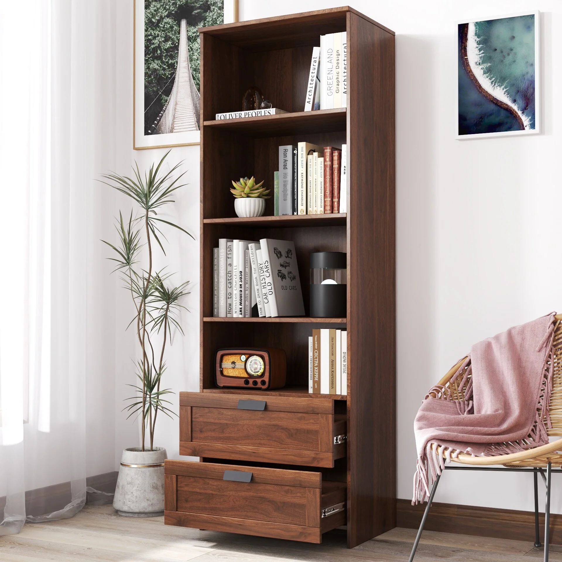 71 Tall Bookshelf with 2 Drawers & 4 Open Shelves, Modern Wood Bookcase with Storage Cabinet, Freestanding Display Bookshelves