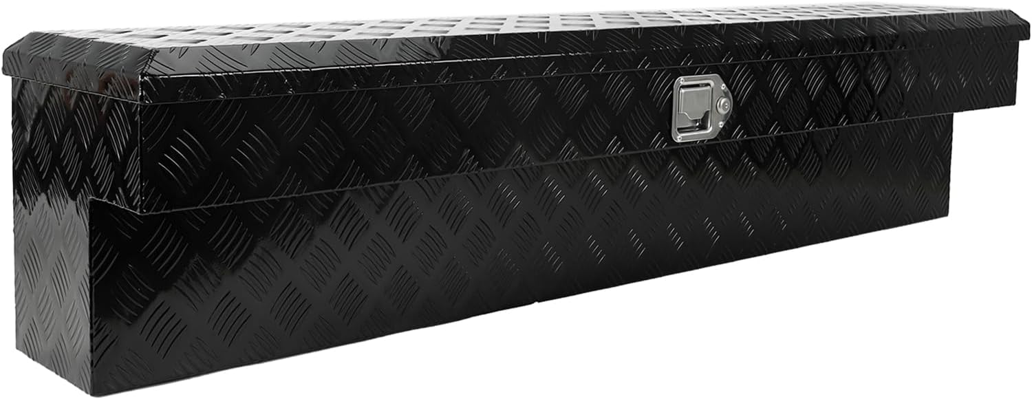 confote 60 Inch Heavy Duty Aluminum Pickup Truck Tool Box Aluminum Stripes Pattern Truck Bed RV Trailer Toolbox Waterproof Storage Organizer with Lock and Keys L-shape -Black
