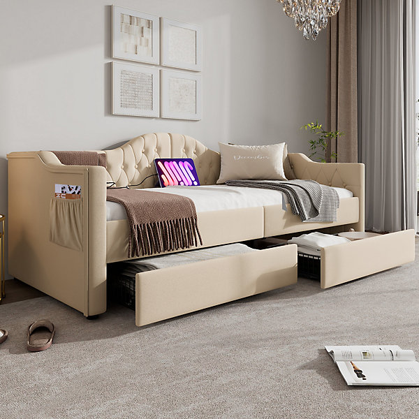 Lit combiné 90 x 200 cm - Lit avec 2 tiroirs et ports USB - Velours Beige - Sans Matelas