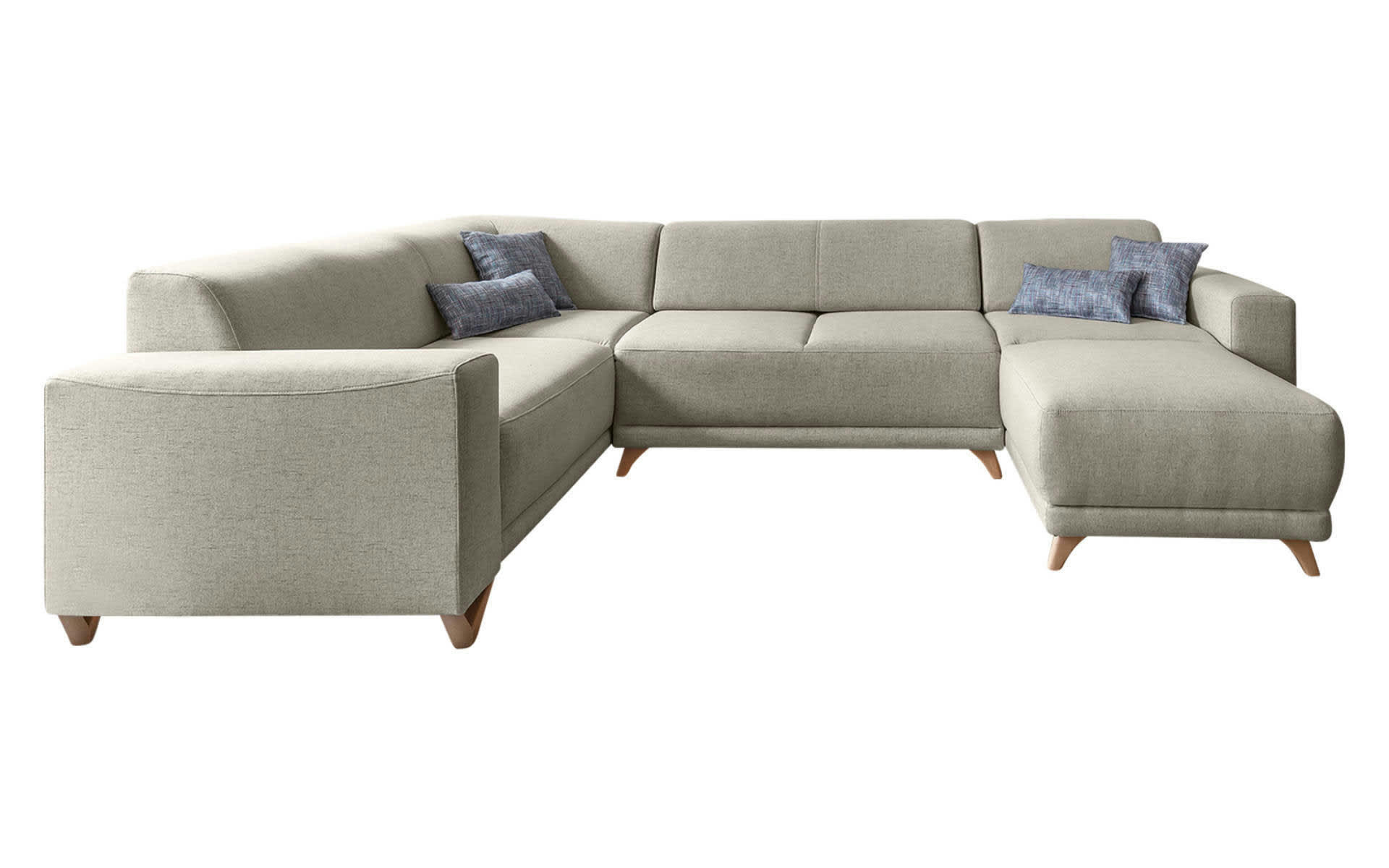 BELLA - Canapé panoramique 7 places angle gauche en tissu beige