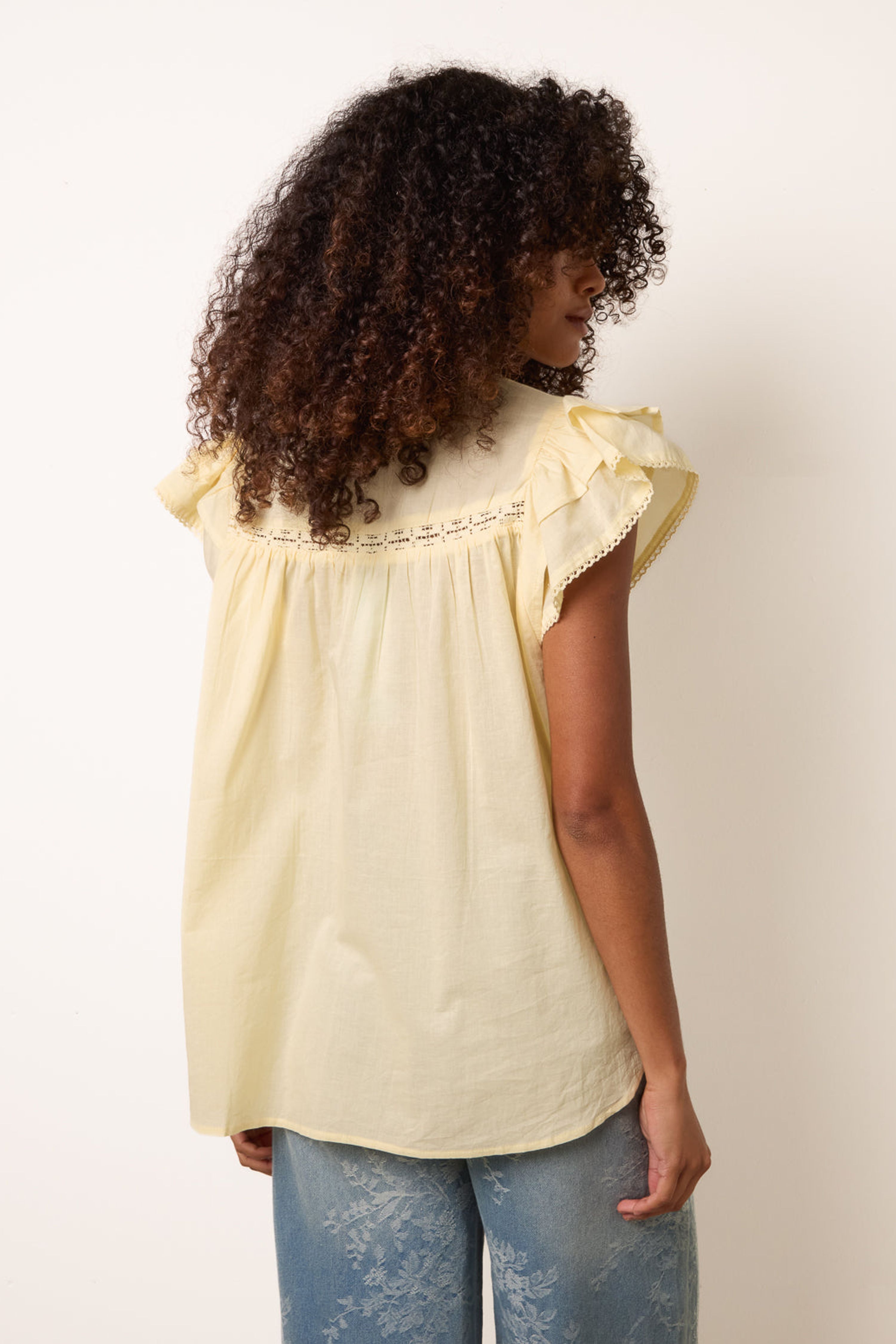 Blue Vanilla Lemon Cotton Embroidery Detail Ruffle Sleeve Top