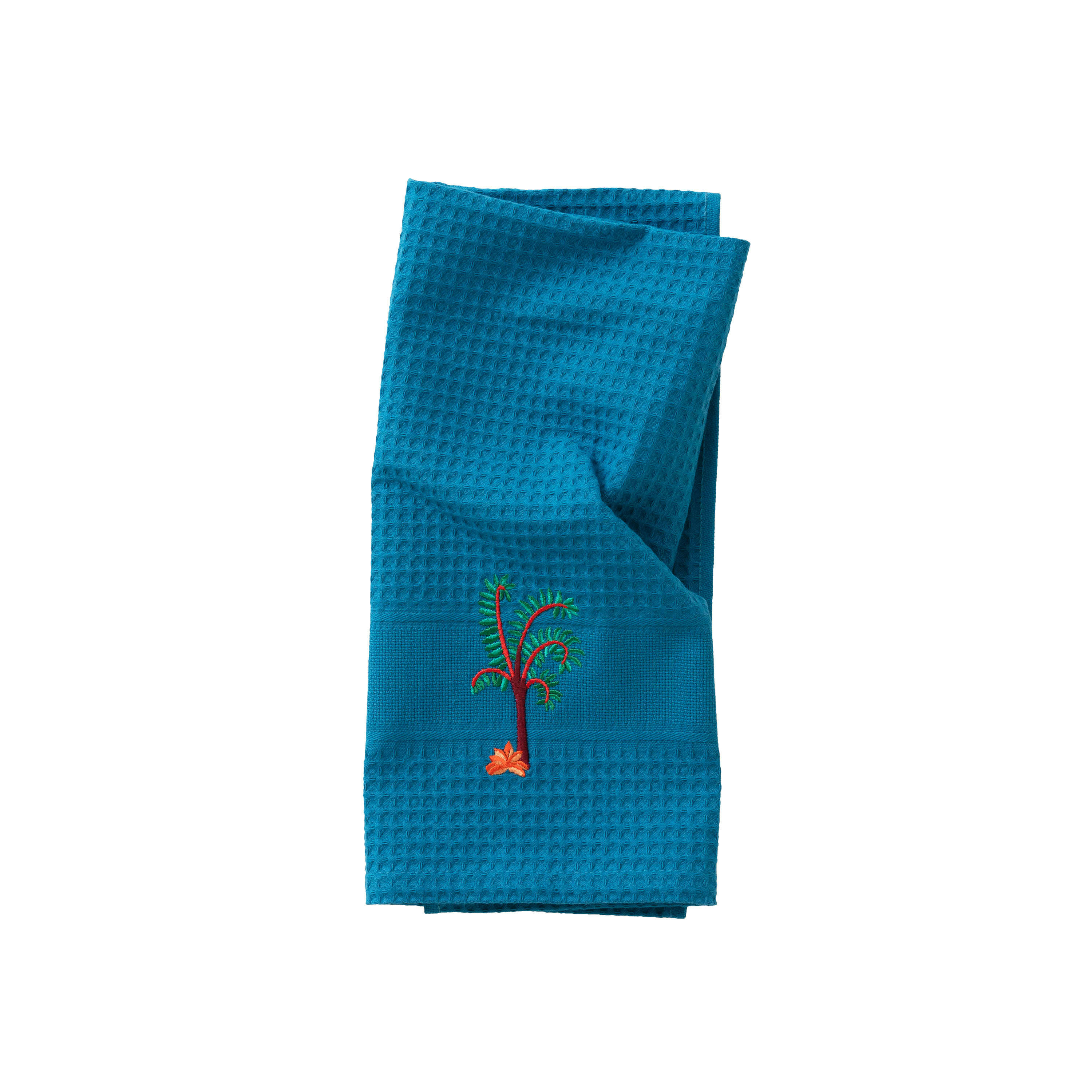 MACOUBA - Torchon coton nid d'abeille nid d'abeille brodé bleu 50 x 70 cm