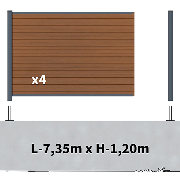 Kit Clôture Composite sur Muret SANTOS Teck 7,5x1,2m - Bois composite &Aluminium - Poteaux sur Platines Gris - Brise vue
