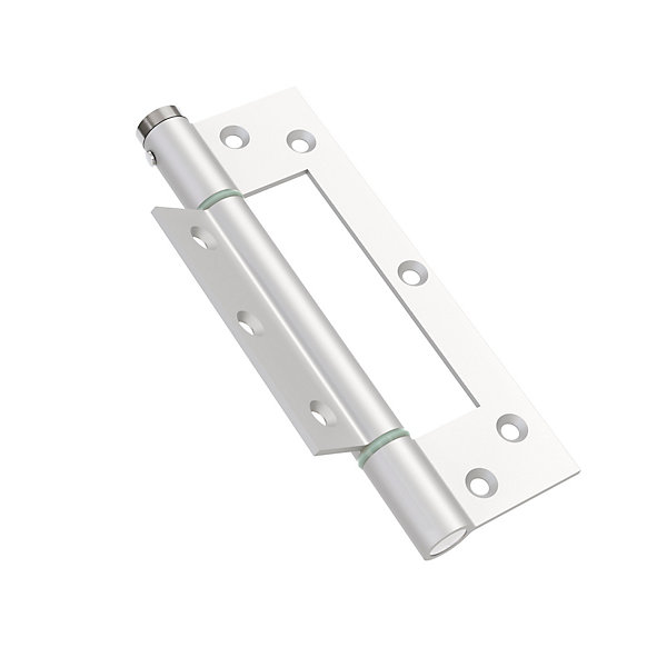 Charnière simple action à ressort, 150X40 mm, en aluminium anodisée argent posée totalement en applique