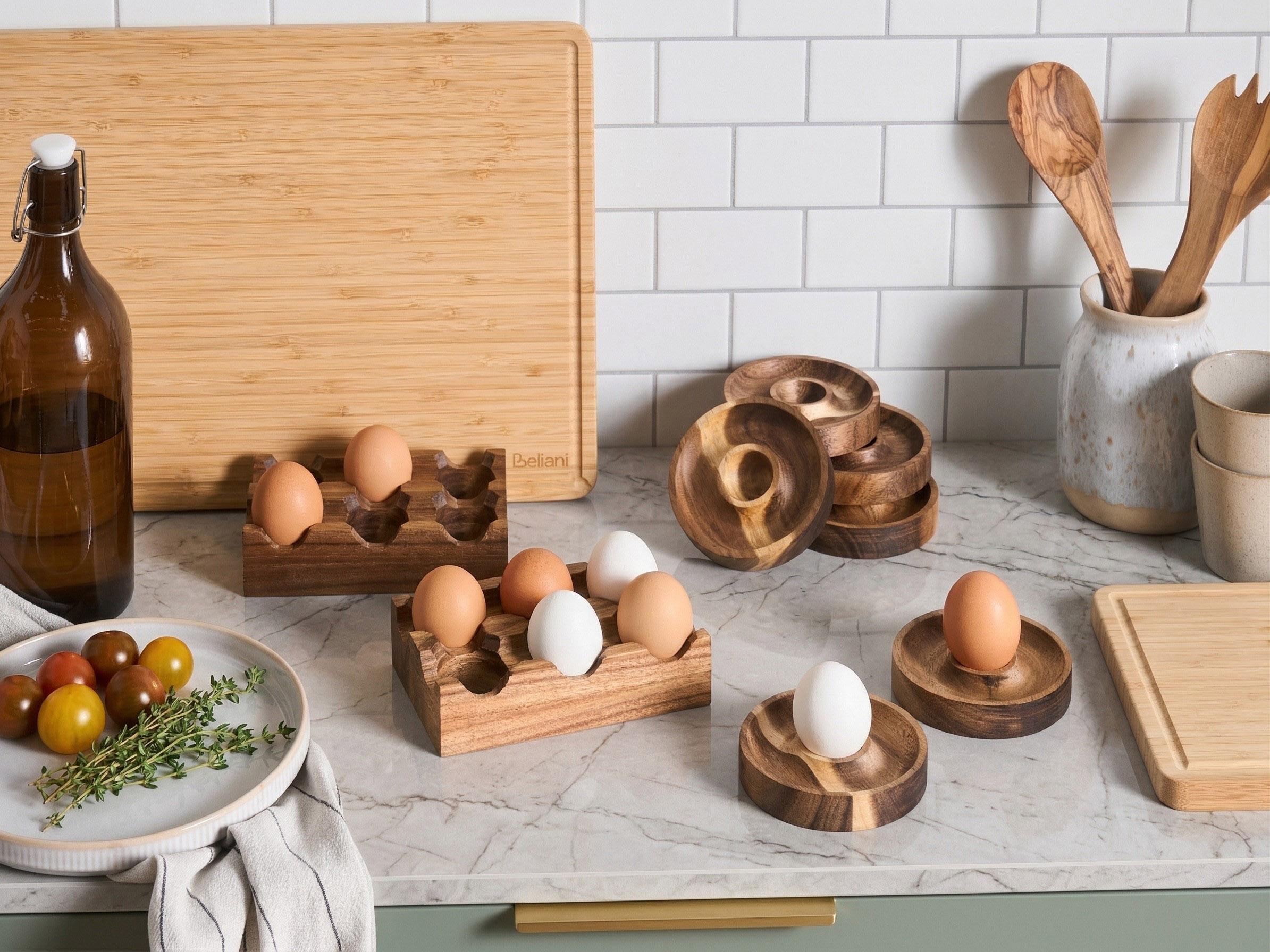 8 Piece Egg Cup & Holder Set FOURNIL Acacia Wood Brown