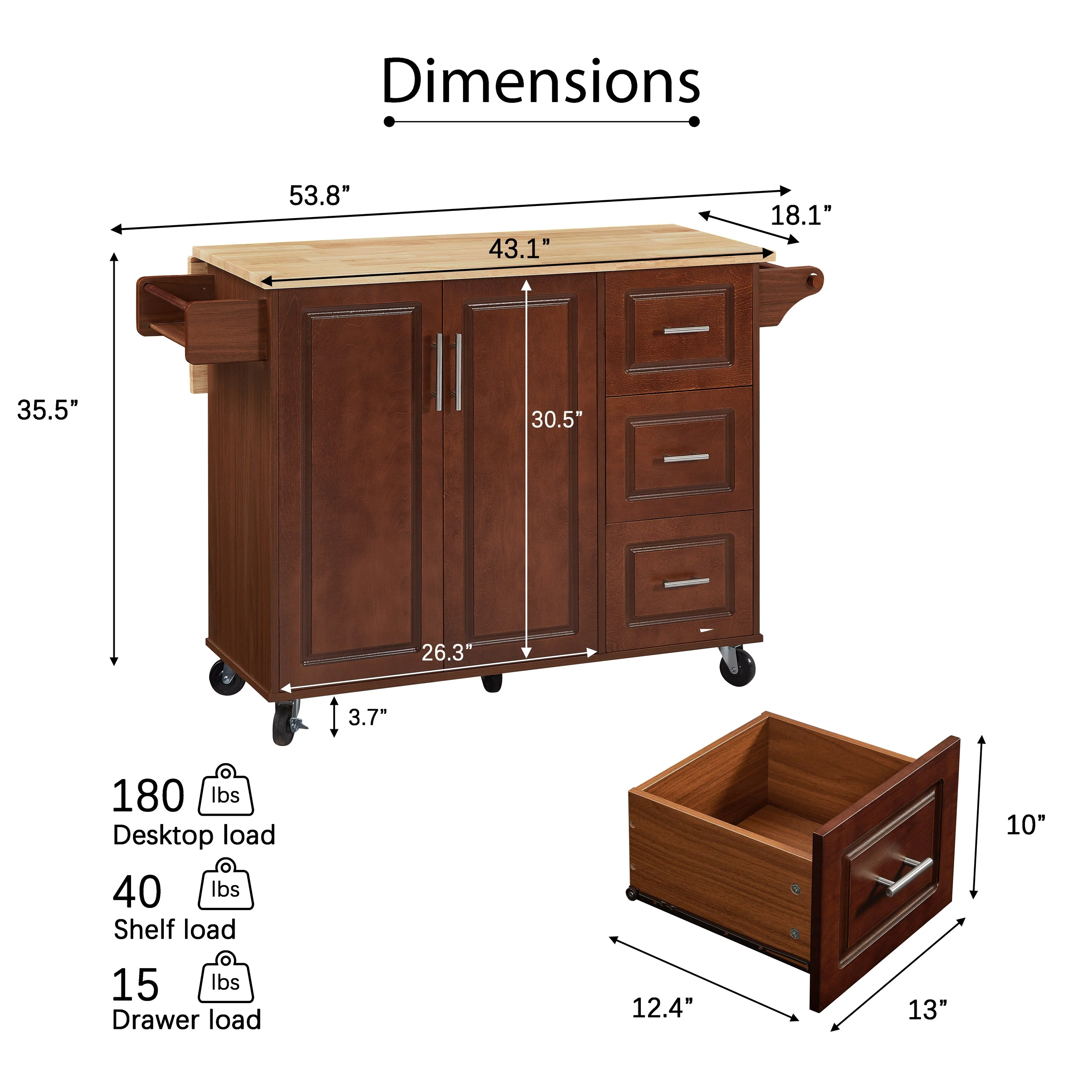Kitchen Island with Drop Leaf and Storage, on Wheels Two Drawers, Large Storage Cabinet, Towel Rack Spice Cart