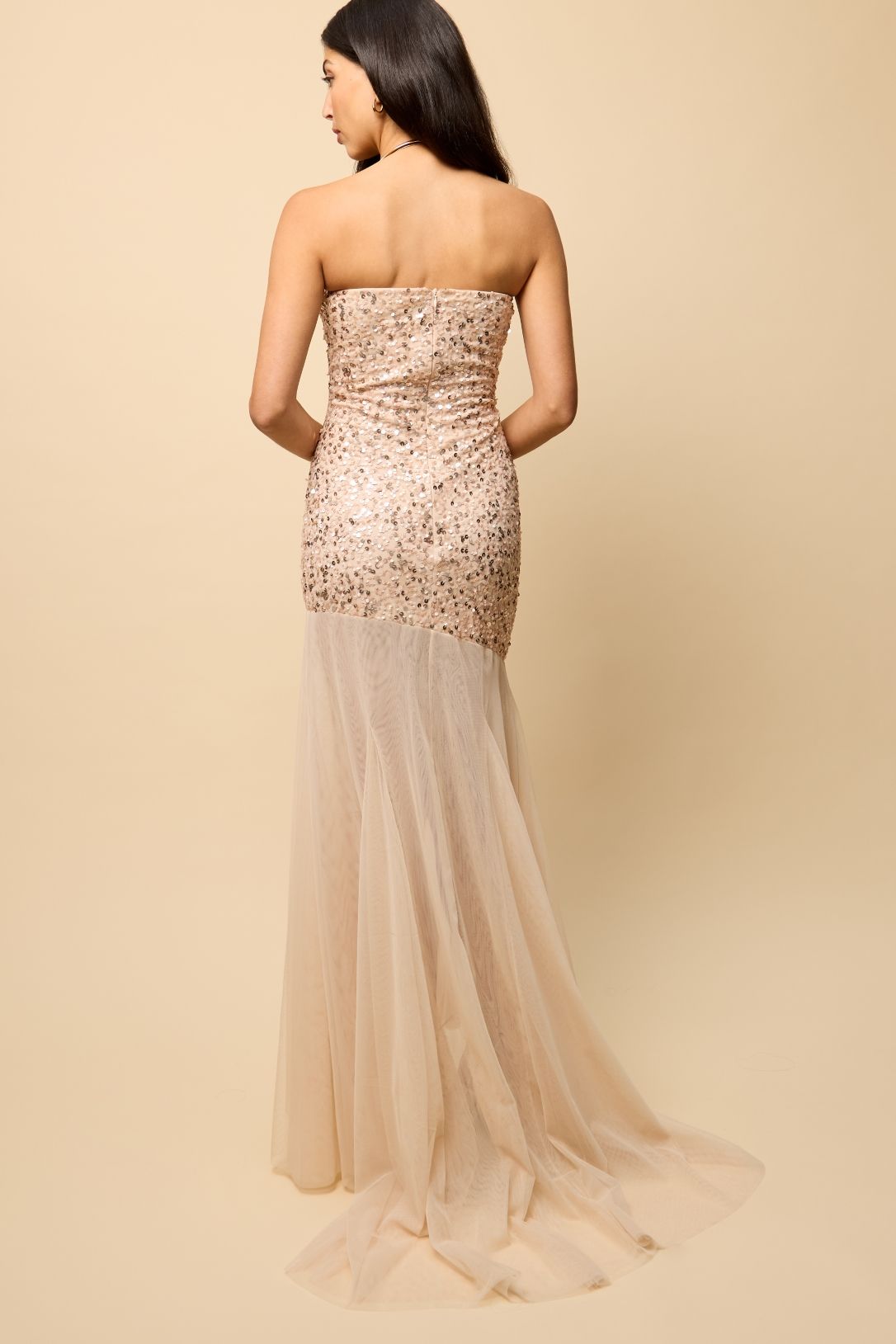 Little Mistress Nude Mesh Train Embellished Maxi Dress