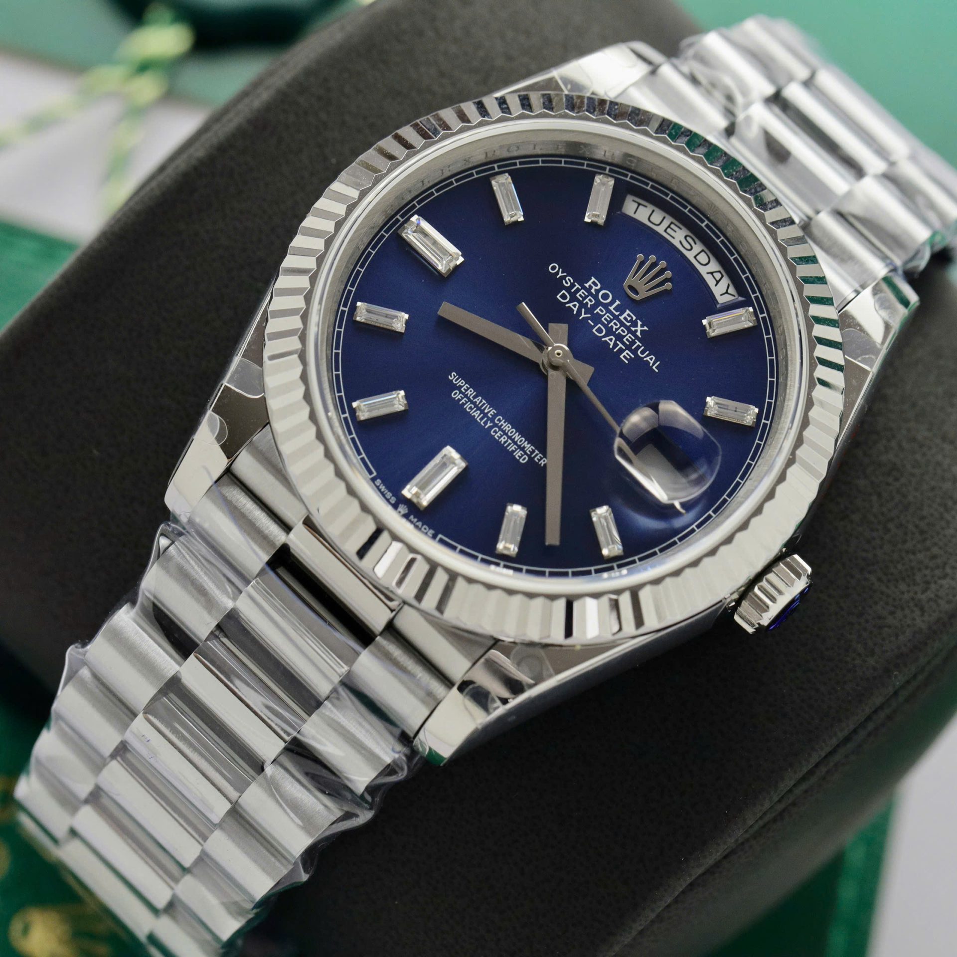 Rolex Day-Date 228236 904L Steel Blue Dial CZ Diamonds 40mm Super Clone
