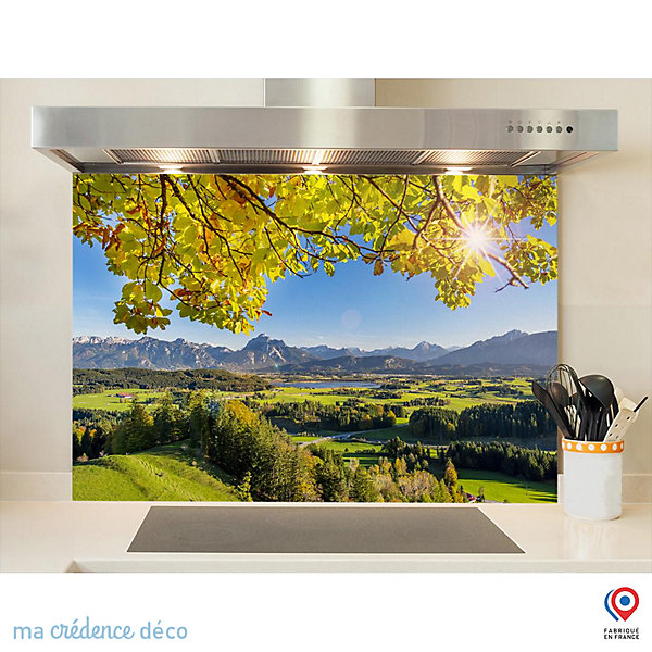 Crédence cuisine fond de hotte feuillage et montagnes - Verre trempé - L 60 cm x H 45 cm - MaCrédenceDéco