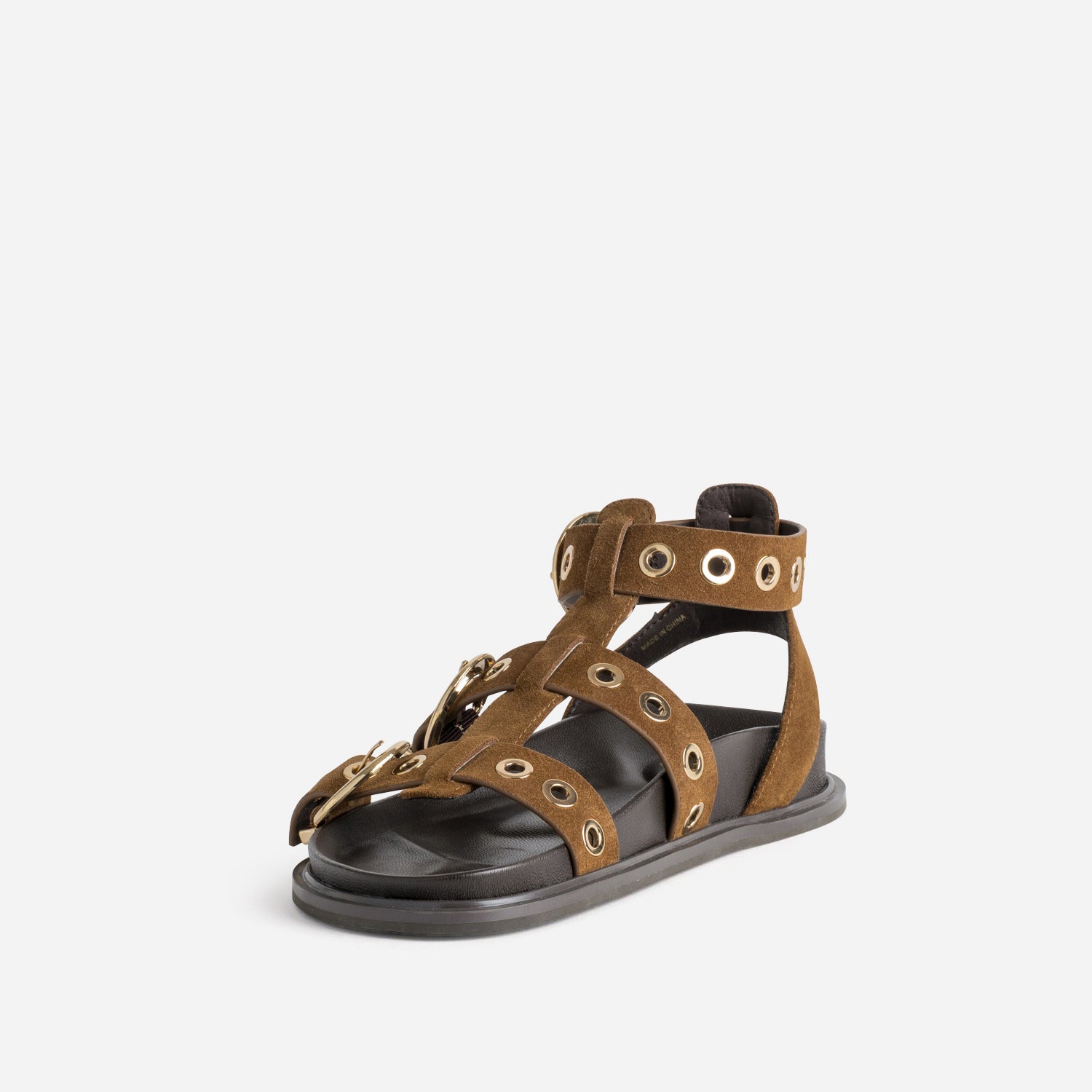 Sandale anatomique camel cuir velours décor œillets