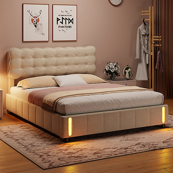 lit coffre 140 x 200,lit rembourré double avec levier hydraulique,Lumières LED au bout du lit,velours,Beige