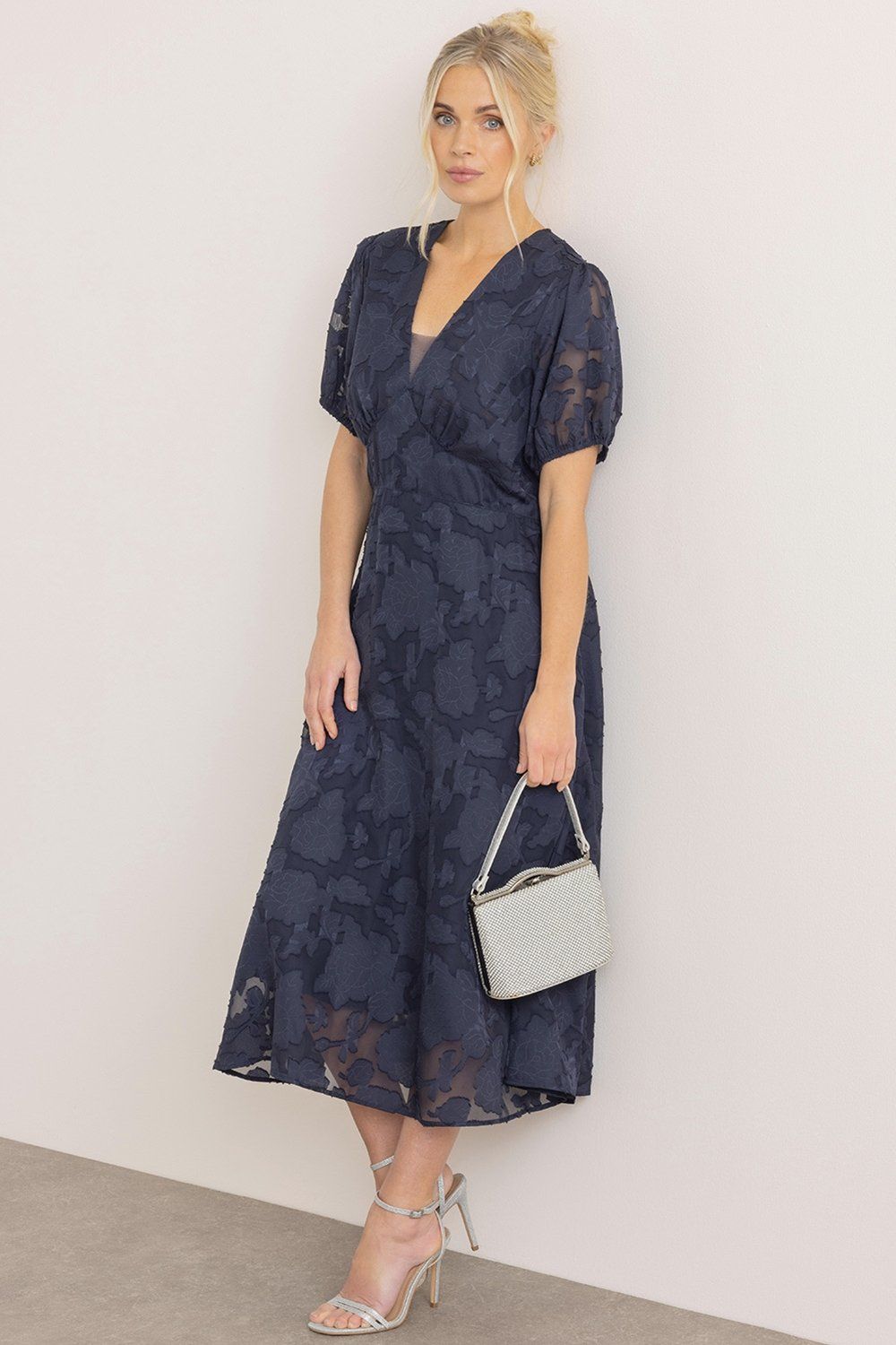 Klass. Floral Burnout V Neck Midi Dress
